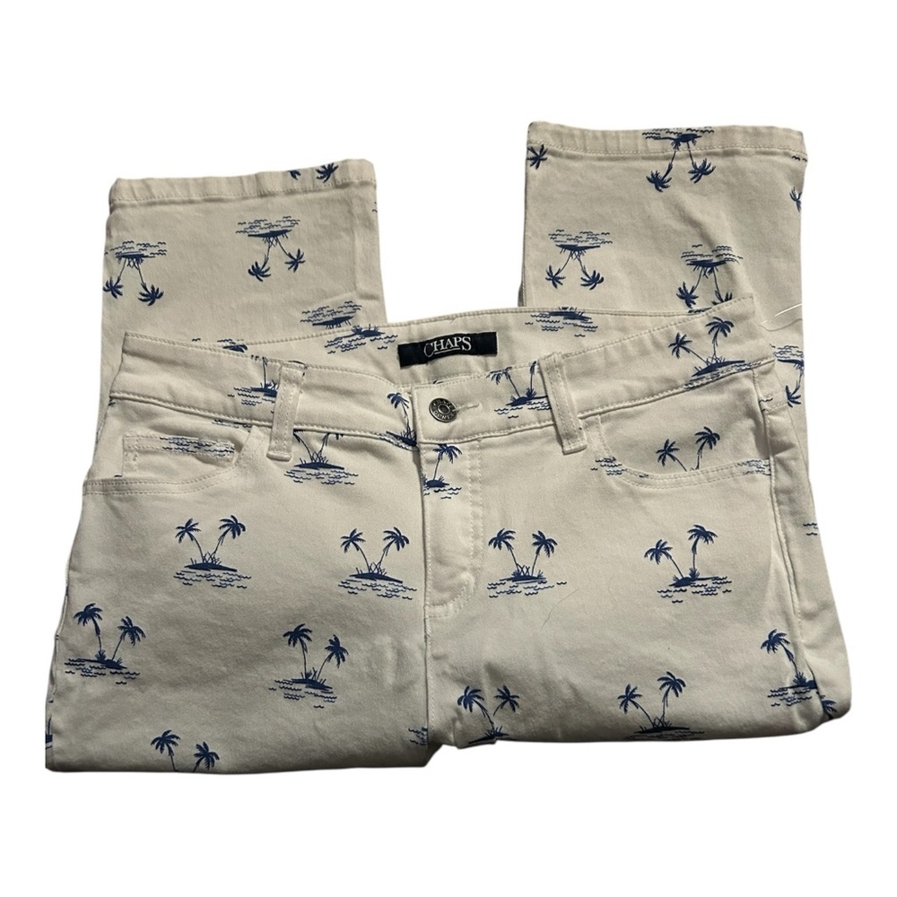 Chaps Women Tropical Palm Tree Print White Blue Capri Pants Size 4 - Picture 3 of 5